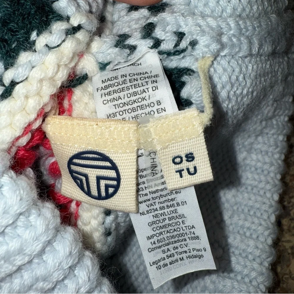 TORY BURCH Wintery‎ Fair Isle Hat Merino Wool Pom Pom Beanie Blue Green Pink OS